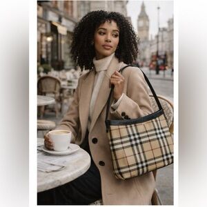 Burberry London Beige and Black Checkered Tote